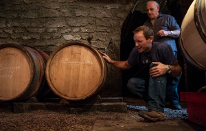 Stephane Magnien and his father line up their barrels in Morey St Denis